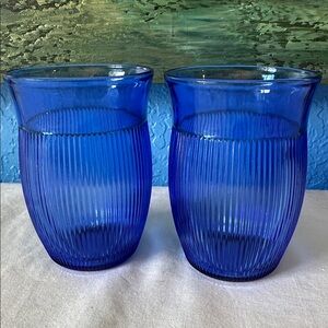 2 Vintage Hazel Atlas Cobalt Blue Ribbed Small Flat Tumbler